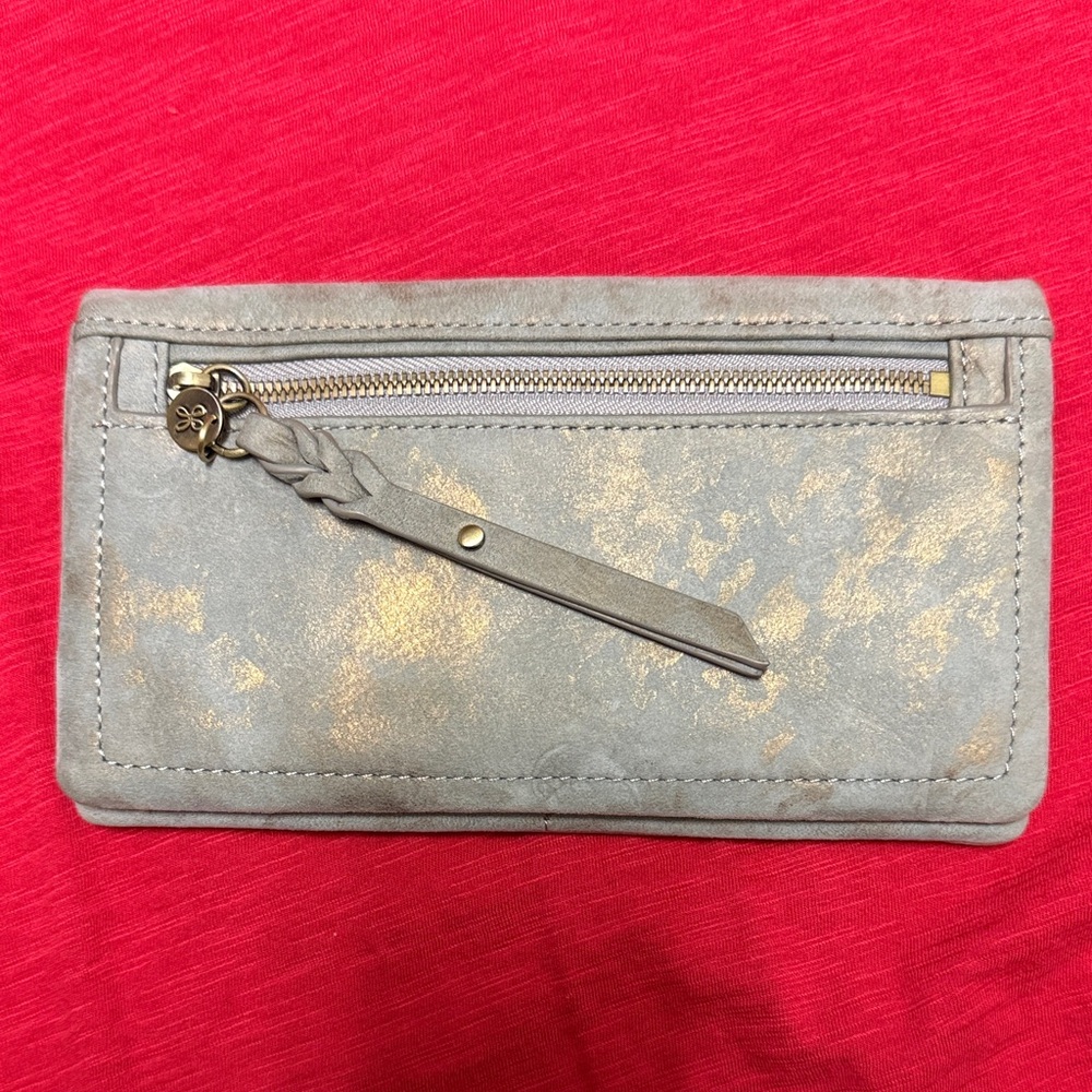 HOBO Gray Suede Wallet Clutch with Gold Foil Accents